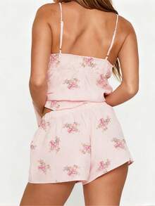 Women's Y2K Pajamas Set 2 Piece Lounge Set Floral Print Spaghetti Strap Sleeveless V Neck Babydoll Flowy Cami Tops With Wide Leg Shorts Summer Casual Sleepwear Loungewear Sets - 西瓜粉 - 查看 2