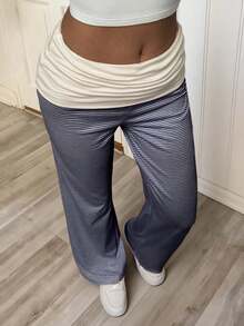 Quần ống đứng kẻ sọc mùa hè dành cho nữ của Sunny Girly với thiết kế cạp chun trắng có thể gập lại, hoàn hảo cho mùa tựu trường, đi làm hàng ngày và mặc nhà thoải mái trong kỳ nghỉ xuân. - Màu xanh hải quân - Xem 2