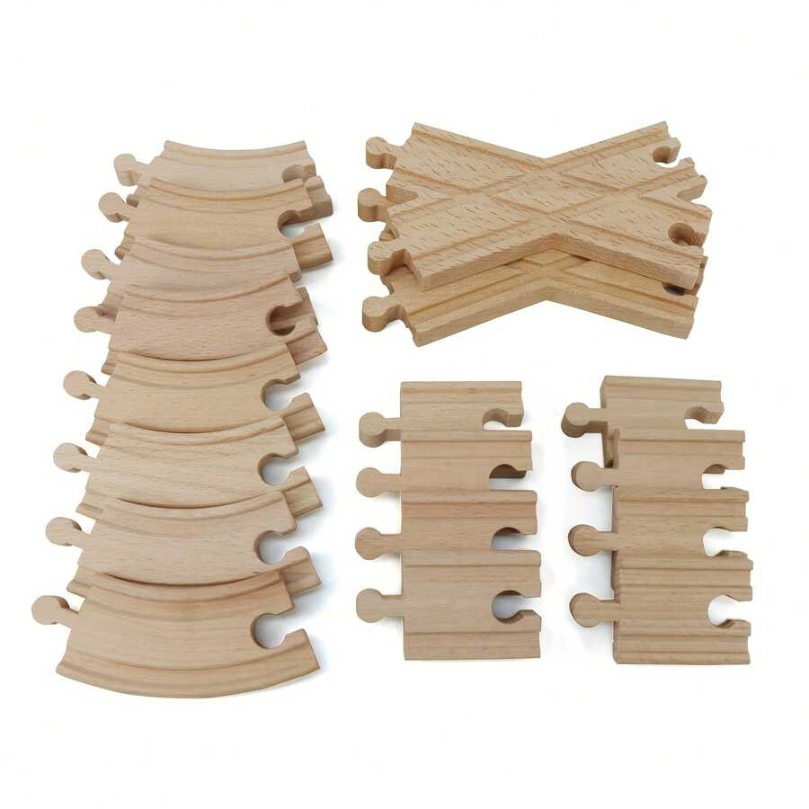 Celemela 20pcs Wooden Train Track Set - Includes 2 Crossing Straight Track Pieces, Curved Tracks And Straight Tracks - Compatible With Most Major Brands, Supports Multiple Connection Methods, Fully Stimulates Imagination And Hands-On Ability. - Wood Color - View 1