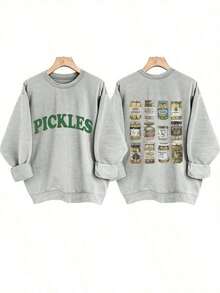 [Olive Green Sweatshirt] Soft Olive Green Crewneck Sweatshirt |       PICKLES Letter Print & Pickle Jar Graphic - Mid-Stretch Fabric, Machine Washable, Casual All-Season Comfortchristmas Outfit Women-Unisex, Comfortable Vintage Cotton Washed T-Shirt - Xám - Xem 7