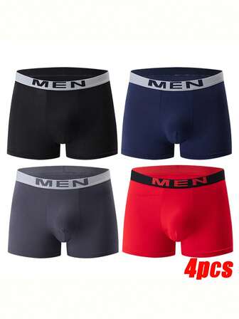 4 st herrunderkläder, bokstavsmidjeband enfärgade herrboxershorts, bekväma, mjuka och elastiska underkläder, lämpliga för alla mäns casual sportbyxor i plusstorlek, lämpliga för dagligt kläder, pojkvänspresent, slitstarka boxershorts för män, alla hjärtans dag-present till pojkvän, kreativitetspresent för män