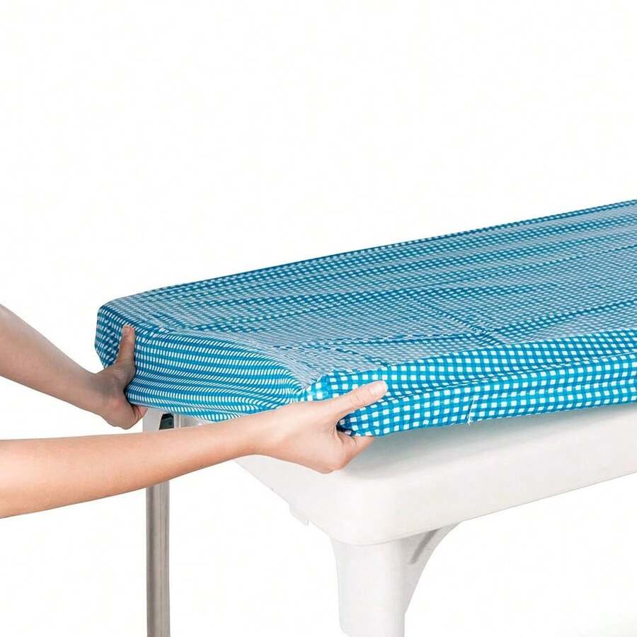 5 Foot 60 X 30 Inch White & Blue Checkered Tablecloth Elastic Corner Fitted Rectangular Folding Vinyl Table Cover Cloth Xmas Plastic Waterproof Picnic Party Home Indoor And Outdoor Use,One-Size,Blue&WhiteChecker60inchx30inchRectangular - 藍白格子圖案,60吋x30吋長方形 - 查看 1