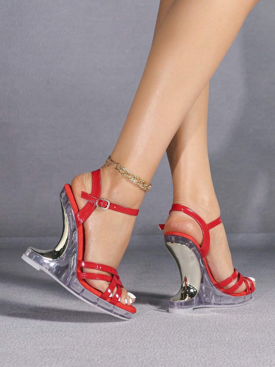 Fashionable Sexy Transparent Crystal Wedge Breathable New Sandals, European & American Style - Red - View 1