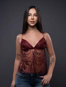 Sparkly Lace Blouse In Marsala With Sequins, 2000s Style - 紅木色 - 查看 4