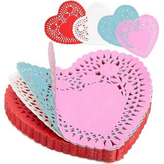 100pcs Heart-Shaped Paper Doilies Set - Perfect For Valentines Day & Wedding Decor, Red/Pink/White Lace Cutouts