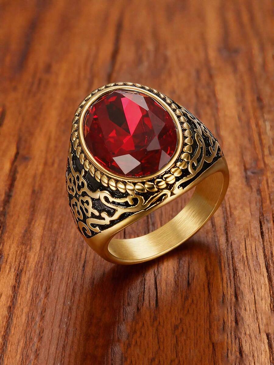 1枚18K镀金奢华复古红色立方氧化锆简约男童戒指，不锈钢首饰，送给好朋友的生日礼物，派对饰品 - 紅色 - 查看 1