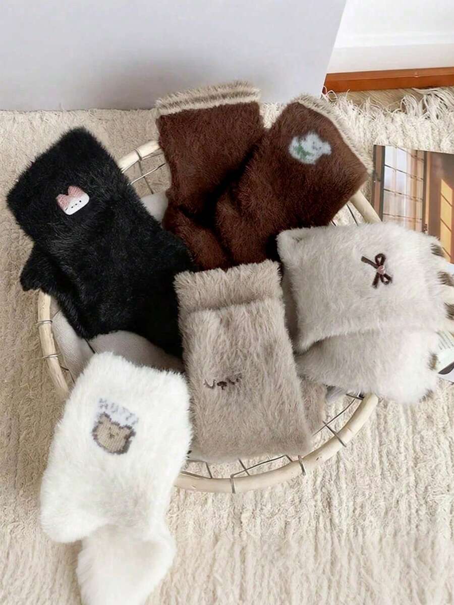 Conjunto de 4 pares de meias femininas grossas e quentinhas com estampa de animais e laços, ideais para uso doméstico, outono/inverno. Meias aconchegantes. - Multicolorido - Ver 1
