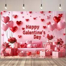 One Valentine's Day Decorative Banner Backdrop, Romantic Party Backdrop With Heart-Shaped Balloons And Roses, Perfect For Photography, Celebrations, And Themed Parties. Made Of Durable Polyester Fabric, Suitable For Indoor And Outdoor Use. Valentine's Day Decoration, Available In Multiple Sizes. - Multicolor - View 1