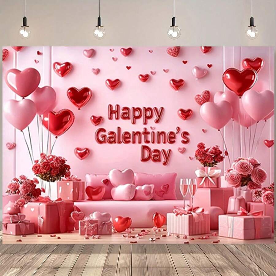 One Valentine's Day Decorative Banner Backdrop, Romantic Party Backdrop With Heart-Shaped Balloons And Roses, Perfect For Photography, Celebrations, And Themed Parties. Made Of Durable Polyester Fabric, Suitable For Indoor And Outdoor Use. Valentine's Day Decoration, Available In Multiple Sizes. - Multicolor - View 1