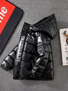 Boys' Casual Solid Color Thickened Warm Winter Jacket, Black Hooded Jacket With Embroidered Shoulder Patch And Pocket Design, Long Sleeve, Suitable For Cold Weather Outdoor And Daily Wear