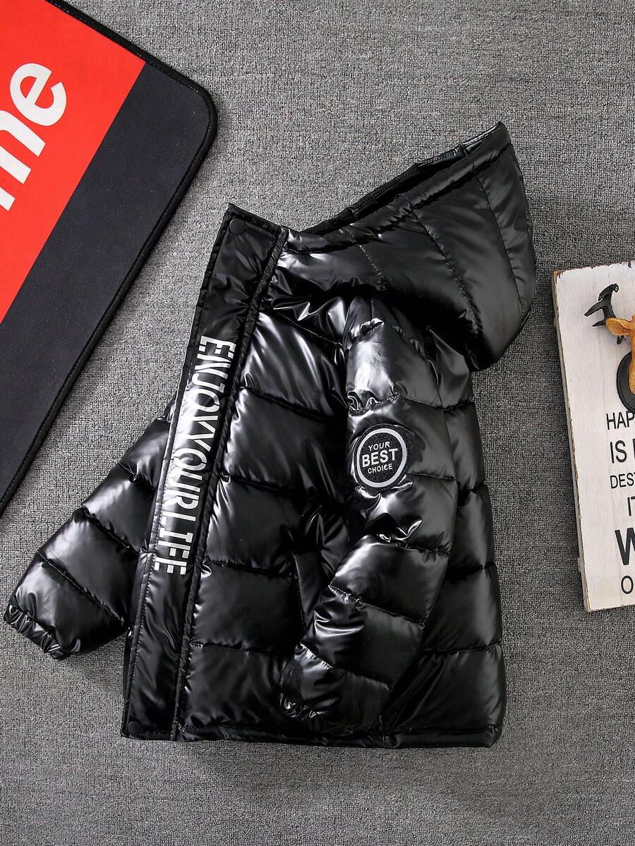 Boys' Casual Solid Color Thickened Warm Winter Jacket, Black Hooded Jacket With Embroidered Shoulder Patch And Pocket Design, Long Sleeve, Suitable For Cold Weather Outdoor And Daily Wear