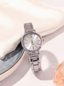 6pcs Women's Glamorous Watch Set, Including A Silver Steel Strap Watch, Fully-Studded Bracelet, Rhinestone Necklace, Stud Earrings, And Ring. Crystal-Studded Silver Quartz Watch, Exquisite Jewelry Set - Silver - View 5