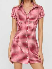 Women Plaid Shirt Dress Slim Fit Collared Short Sleeve Button-Up A-Line Mini Dress Casual Summer Streetwear - 紅色 - 查看 1