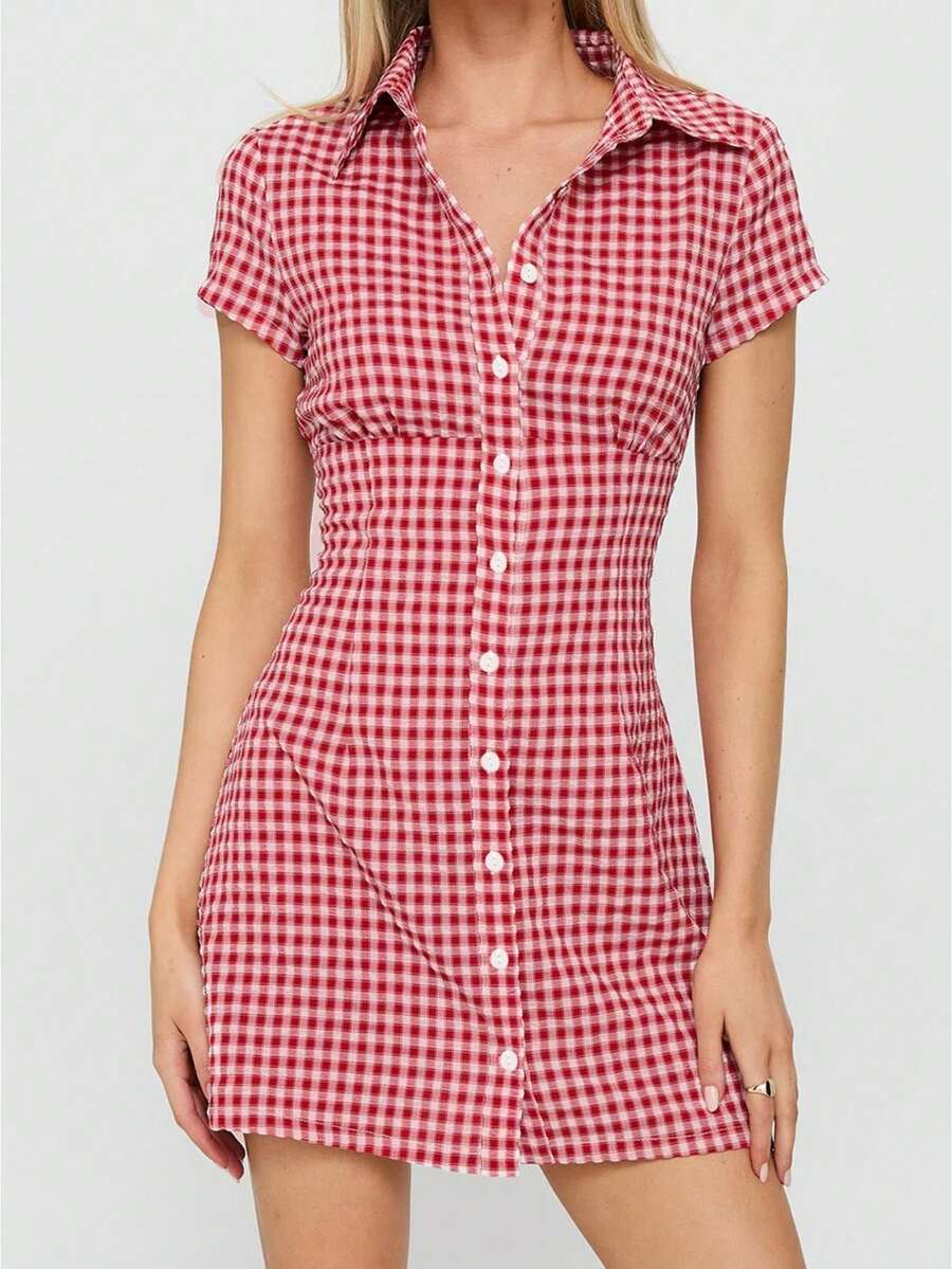 Women Plaid Shirt Dress Slim Fit Collared Short Sleeve Button-Up A-Line Mini Dress Casual Summer Streetwear - 紅色 - 查看 1
