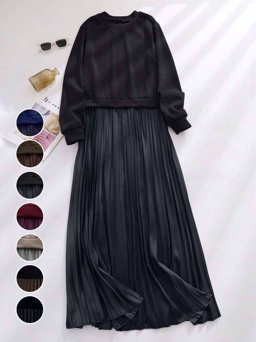 大码休闲纯色长袖针织拼接褶裥下摆连衣裙，优雅女士连衣裙，春秋季