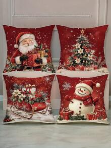 4 Pcs Christmas Pillowcases, 18x18 Inches, Zipper Closure, Retro Santa Claus And Snowman Pattern, Suitable For Farmhouse Holiday Decoration, Christmas Decoration, Home Decor, Can Be Used For Porches, Patios, Sofas, Couches, Living Rooms, Etc. Single-Sided Printing, Does Not Include Pillows. Christmas Decor Home Christmas Decorations Christmas Decorations Home Room Decor