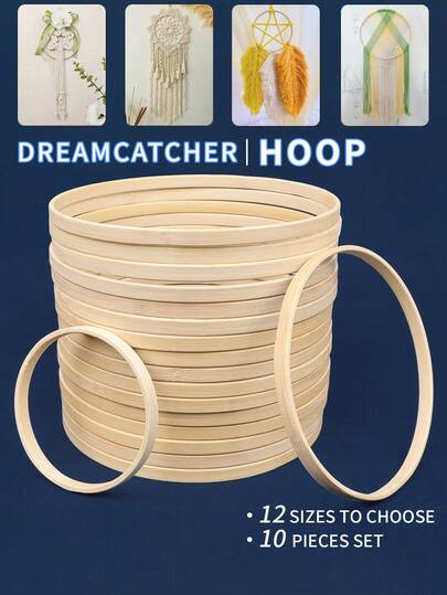 10pcs Beige Dreamcatcher Feather Outdoor Lawn Wedding Hanging Decor Bamboo Hoops, Wind Chime Mori Style Inner Rings, Wall Bedroom Decor Bamboo Hoops, Gifts And Decorative Hanging Pieces For Halloween, Christmas And Other Holidays, Also Suitable For DIY Embroidery Hoops