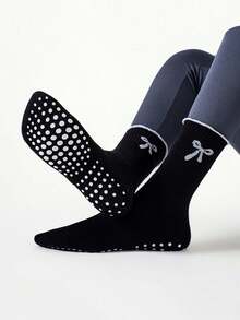 1/2 Pair Pilates Socks, Professional Non-Slip Yoga Socks With Embroidered Bow, Dot Patterned Anti-Slip Socks For Women, Suitable For Home, Leisure, Aerobic Exercise, Soft Ribbed Knit Fabric, Wavy Hem + 3D Bow Embroidery - Multicolor - View 5