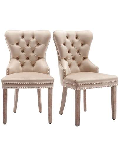 Dining Stoel (Kitchen Chair, Living Room Original Knocker On The Back, Set Of 2), Upholstered Nailhead Solid Wood Legs, Fluwelen Upholstery, Beige view 4
