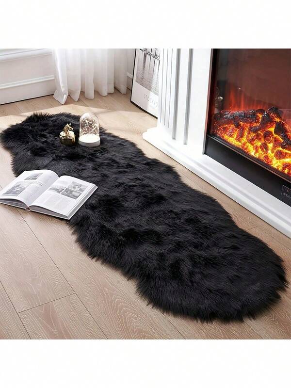 1pc Luxury Black Shaggy Long Runner Rug, Nordic Style Fluffy Long Carpet Mat, Irregular Size With 1-5cm Cutting Error, Bedroom Bedside Rug, Christmas Gift, Window Sill Blanket, Soft Decorative Carpet, Bedroom Decor, Small Rug, Carpet, Home Decor, Living Room Rug, Living Room Small Rug, Bedroom Rug, Living Room Home Decor, Outdoor Rug, Washable Rug, Plush Rug, Furry Rug, Autumn/Winter Rug, Thick/Fluffy