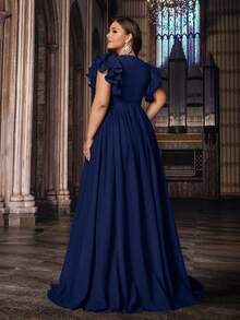 QOQ Romantic Solid Color Plus Size Women Formal Dress Bridesmaid Evening Dresses Suitable Wedding,Birthday Party, Formal Events V-Neck Flounce Sleeve Gown - Navy Blue - View 2