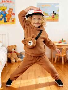 Young Boy 2pcs Plush Warm Solid Color Hoodie Sweatshirt And Pants Casual Outfit, Winter - Coffee Brown - View 8