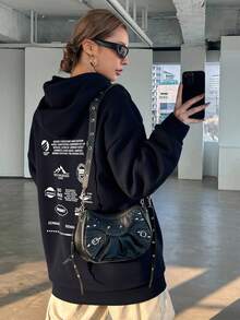 Livesso 秋季新款女士休闲宽松抓绒卫衣，长袖连帽衫，秋季女装 - 藍色 - 查看 2