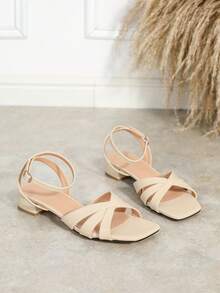 Women's Fashion Multi-Strap Hollow Backstrap Metal Buckle Low Heel Sandals, Comfortable Versatile Non-Slip Flat Roman Slippers - Apricot - View 5