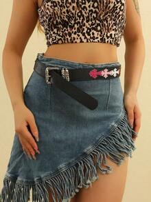 1 pièce Ceinture  texturé noir à motif floral avec boucle métallique style Y2K, convient pour assortir avec des sweats à capuche, jeans déchirés, tenues , port quotidien, style mode, activités de plein air, rassemblements, fêtes, accessoire automne/hiver, Noël, Saint-Valentin, rentrée scolaire, Halloween, vacances, cadeau de graduation, anniversaire - Motif multicolore - Voir 4