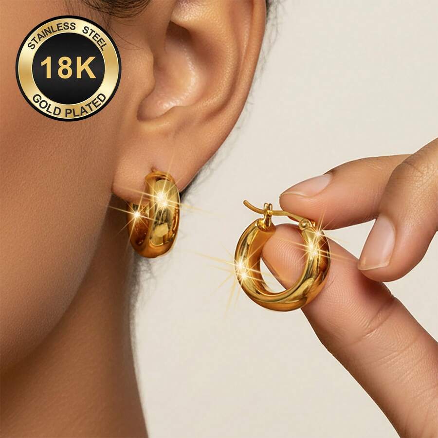 18K镀金不锈钢女士耳环，316L耳钩，低致敏性，优雅垂坠式时尚简约经典耳环，适合日常佩戴、节日、度假或派对等场合。 - 金色 - 查看 1