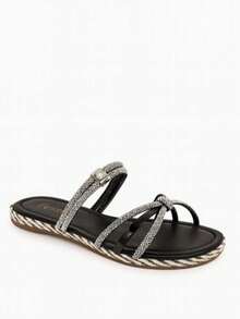 SANDALIA RASTEIRA DOIS EM UM  elegante    PVC    Strass    casual  Praia - Preto - Visão 1