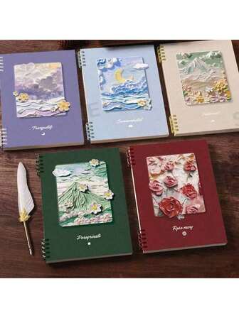 1pc Thick Loose-Leaf A5 Size Notebook Oil Painting Scenery Coil Student Notebooks 60 Pages Cute Notebook With Detachable Pages For School, Journaling
