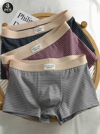 3 st herrboxershorts med tvåfärgade randiga bokstäver och andningsbara medelhöga midjemått, andningsbara