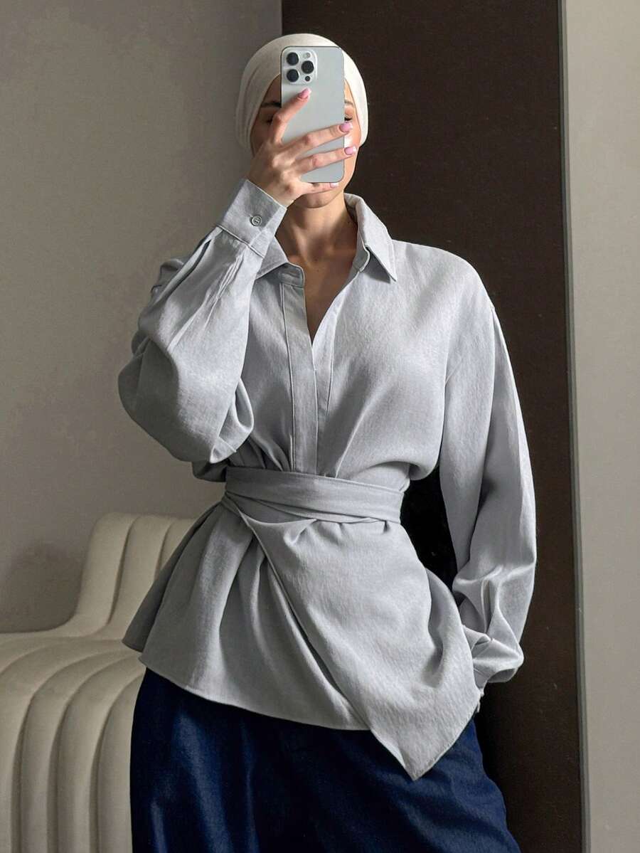 DAZY 女士半开襟侧系带套头衫休闲优雅长袖上衣 - 藍色 - 查看 1