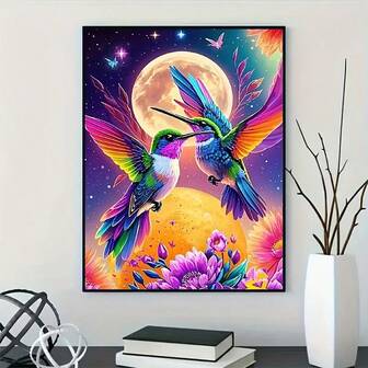 1 st ramlöst, färgglatt, kolibri-tema, runt diamantmålningsset - full borrning, diamantkonst, kanvas DIY-mosaik, inkluderar penna, lim, bricka, diamantpärlor. Lämplig för diamantmålningsentusiaster, väggdekorationer för hemmet, pedagogiska leksaker för barn, stresslindring