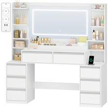 HEXCELEN Dressing Table With Large Mirror, Vanity Table And Hairdryer Holder, 8 Drawers, Open Compartments, 40 * 135 * 145.2 Cm, Modern White And Silver Dressing Table - 查看 10