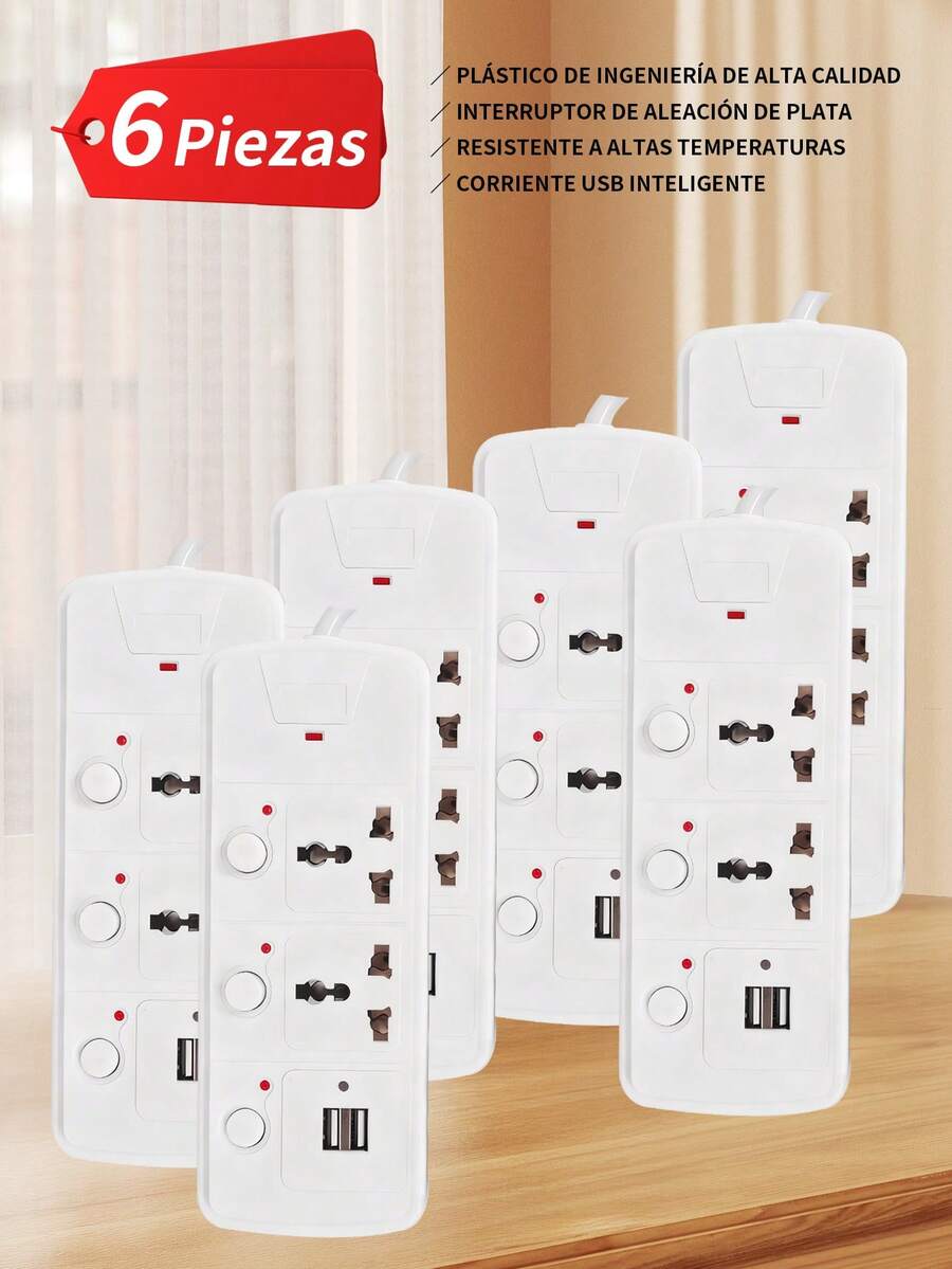 6 Pieza Regleta de 4 en 1 con 2 puertos USB, 2 tomas de corriente AC. 110V-220V,2000W, un enchufe de pared, fácil de transportar,Extensión Eléctrica Multicontacto,adaptador de regleta para el hogar y la Oficina,adecuado para uso doméstico, oficina y viajes. - 6 piezas - Ver 1