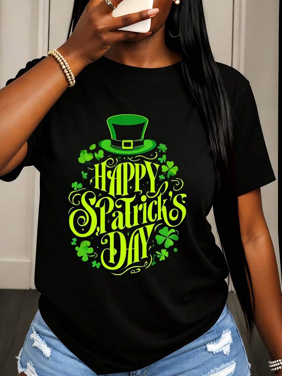 Happy St Patricks Day Shirt With Green Hat And Shamrocks Design For Women Casual T-Shirt Celebrate Irish Festival Wear For Saint Patricks Day Party Outfit - 黑色 - 查看 1