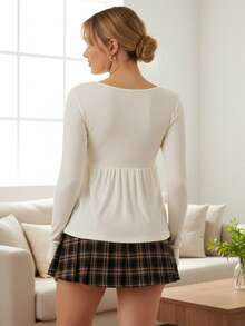 Women's Fall Peplum Tops Fashionable Casual Solid Color Long Sleeve V Neck Ruffle Hem Shirts - White - View 6