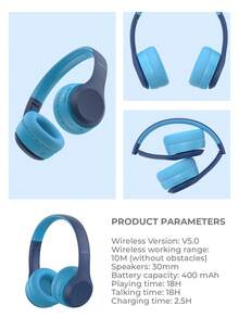 havit 儿童耳机，带共享端口，无线儿童耳机，85dB 听力保护音量，亲肤耳罩式耳机，带麦克风，兼容 iPad/平板电脑/飞机，蓝色，18 小时播放时间
