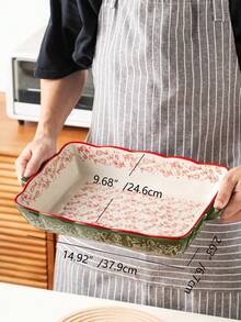 Tavă de copt ceramică dreptunghiulară, pictată manual, cu motive florale vintage, verde, la modă, cu mânere, potrivită pentru salată, paste, grătar, pui la cuptor, coacere deserturi și pizza, cuptor și microunde, ideală pentru restaurant și uz zilnic acasă.