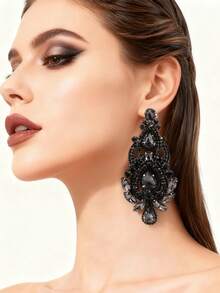 1 Cặp bông tai đá Rhinestone mạ đồng thau đen 10,5cm cỡ lớn dành cho nữ - màu đen - Xem 4