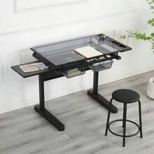 Glass Drafting Table Height Adjustable Drawing Desk With Stool Black Metal Frame 98x60cm Tilting Tabletop Storage Drawers - Black - View 6