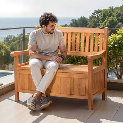 Outdoor Storage Bench, 2-Person Wooden Storage Bench, 33 Gallons Deck Box With Side Handle, Supports Up To 705 Lbs, Weatherproof Outdoor Seating & Porch Decor, For Patio Garden Balcony Yard