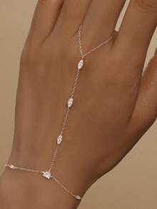 1Pc 925 Sterling Silver Simple Geometric Elements Cubic Zirconia Connected Finger Ring Bracelet Hypoallergenic Pure Silver Suitable For Women For Daily, Dates, Vacation, Wedding, Party, Holiday Gift - Silver - View 3