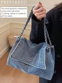 New Fashion Casual Solid Color Denim Effect Metal Chain Strap Flap Cover Women Shoulder Bag,Stylish And Versatile, Large Capacity, Suitable For Commuting, Shopping, And Students. - 彩色 - 查看 2