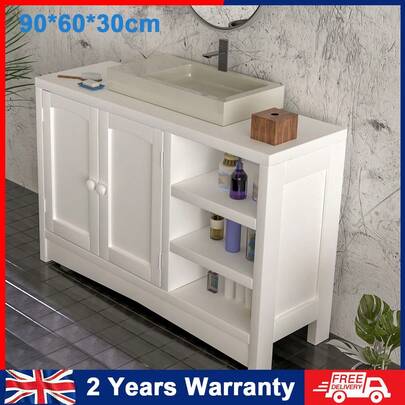 OYAJIA Under Sink Bathroom Cabinet – White Under Sink Storage For Bathroom - Freestanding Under Basin Cabinet With 3 Shelves & 2 Doors Storage Cabinet - Tongue & Groove Design Doors – Shaker Style Furniture,90*30*60CM