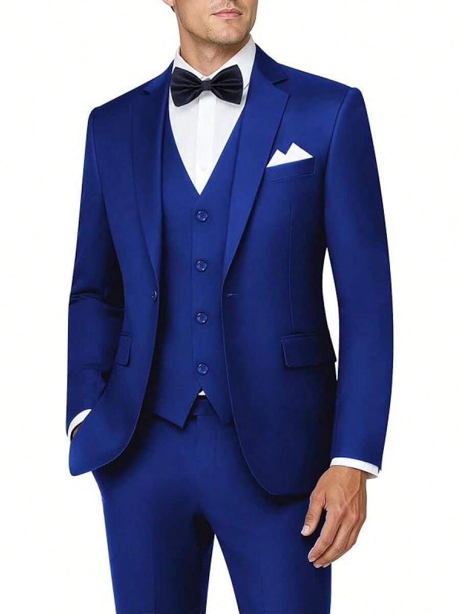 Mens 3 Piece Suits Tuxedo Suit Set Solid Prom Wedding Suits One Button Vest Pants Set With Bow Tie, Modern & Stylish - Royal Blue - View 1
