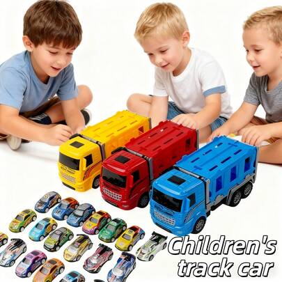 儿童运输卡车赛道玩具，可折叠双层运输和收纳，一键弹出式惯性滑轨赛车，亲子互动多人游戏，适合3岁以上男孩女孩的生日礼物（包含8辆玩具车，款式和颜色随机）