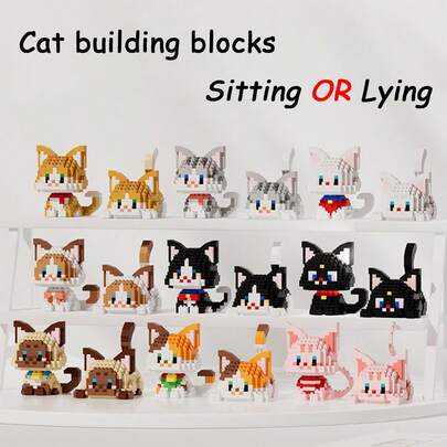 Juego de dibujos animados de gatos lindos para niños, modelo de animal DIY bloques de construcción, decoración del hogar, muñeco de peluche (gato atigrado / gato calicó / gato vaca / gato negro / gato ragdoll / gato siamés) regalo de cumpleaños / Halloween / Navidad Gatos, bloques de construcción, Halloween, casita de mascotas, bloques de números, muñecas